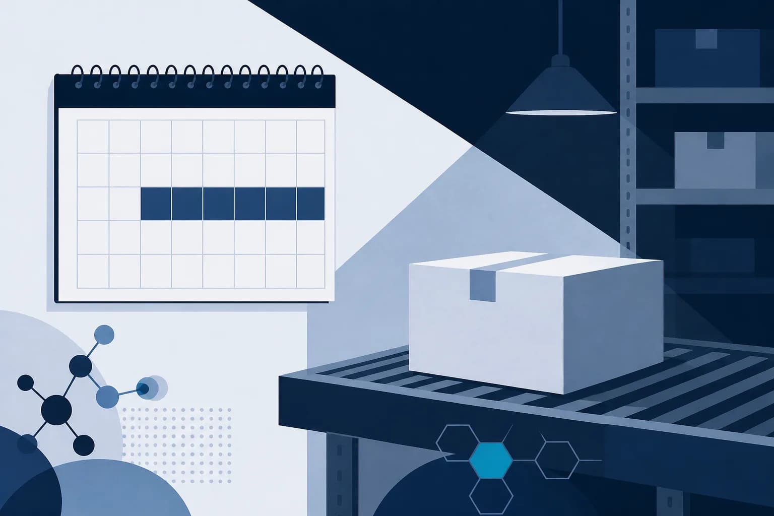 Abstract illustration of a calendar grid with a long weekend block shaded and a single parcel-shaped box waiting on a shelf beside it.