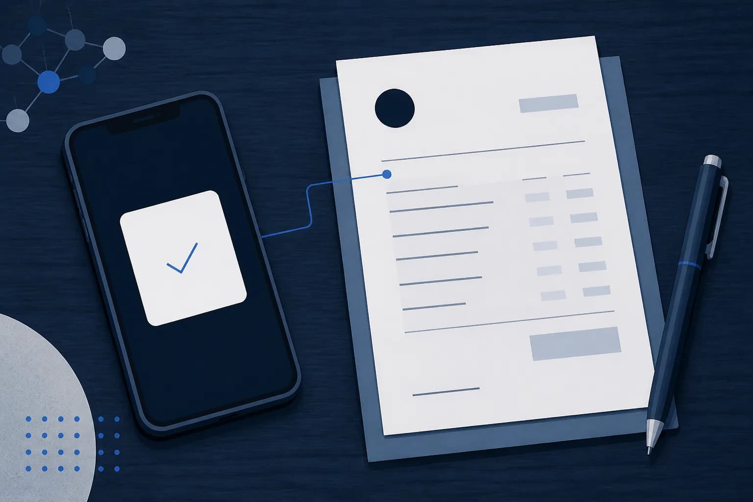 Abstract illustration of a phone showing a payment confirmation beside a paper invoice, drawn as flat shapes in navy and paper tones.