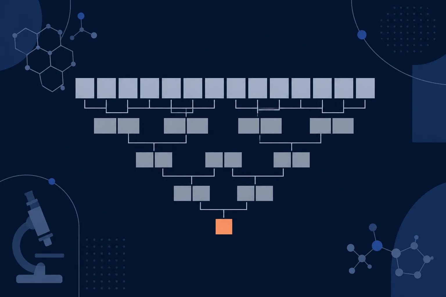 Abstract illustration of a branching classification tree narrowing from a wide top row to a single highlighted cell at the base.