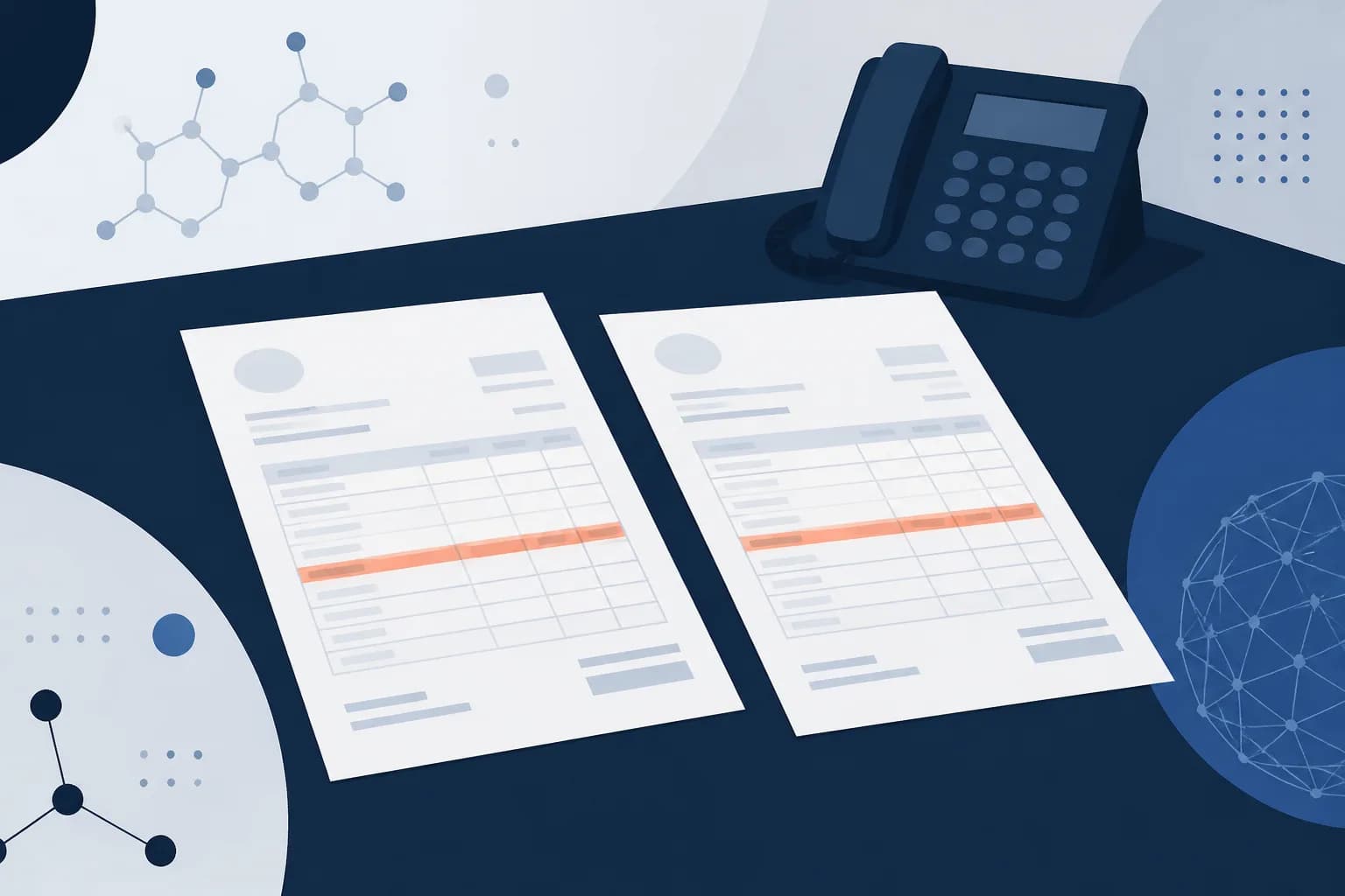 Abstract illustration of two near-identical invoices side by side with one line on each highlighted, drawn as flat shapes in navy and paper tones.