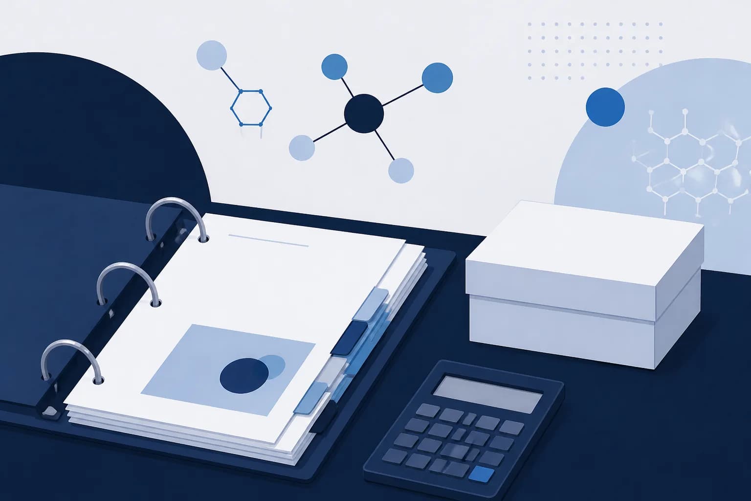 Abstract illustration of an open ring binder with filed invoice sheets beside a calculator and a sealed box.