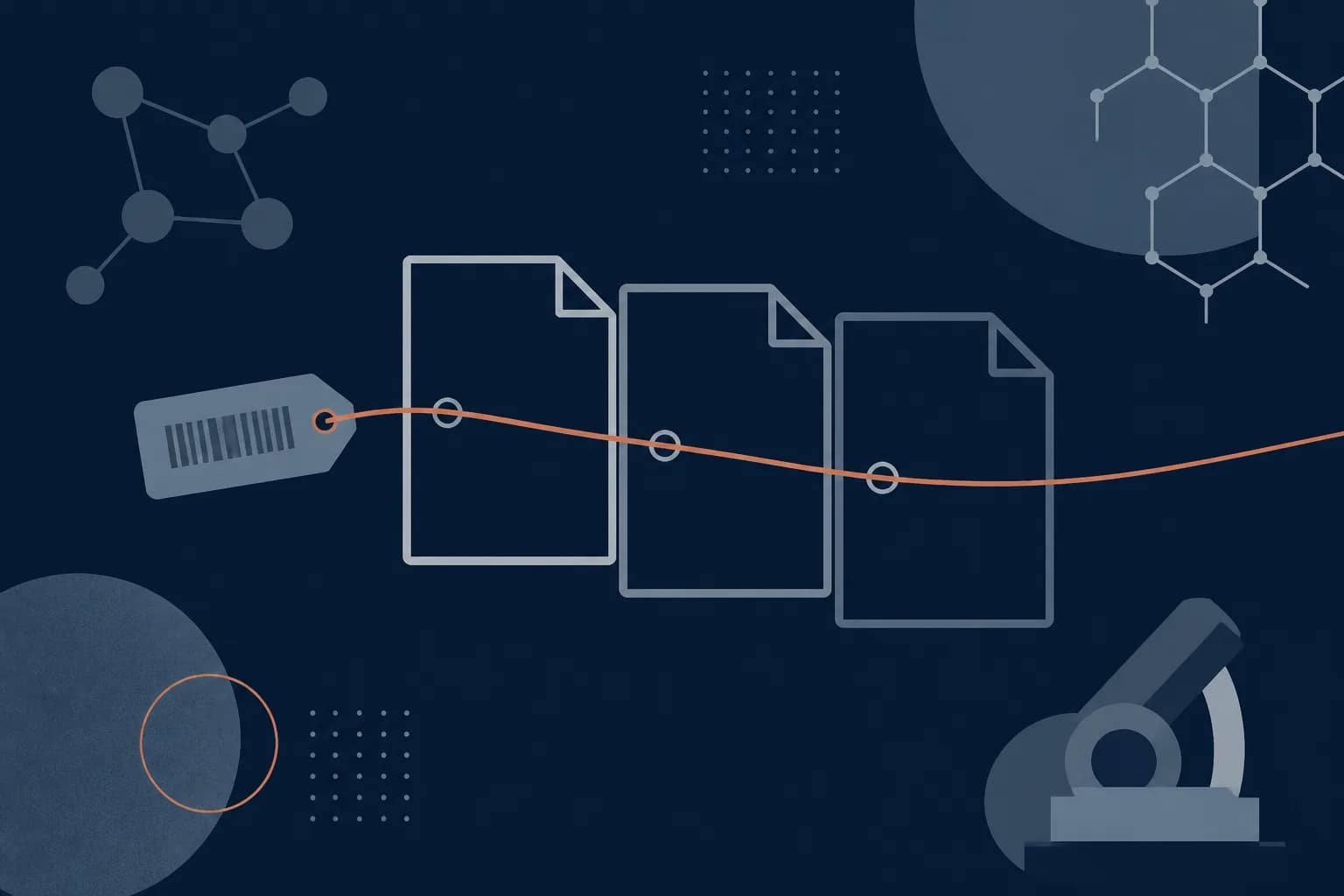 Abstract illustration of a numbered tag threaded through a chain of connected document outlines.