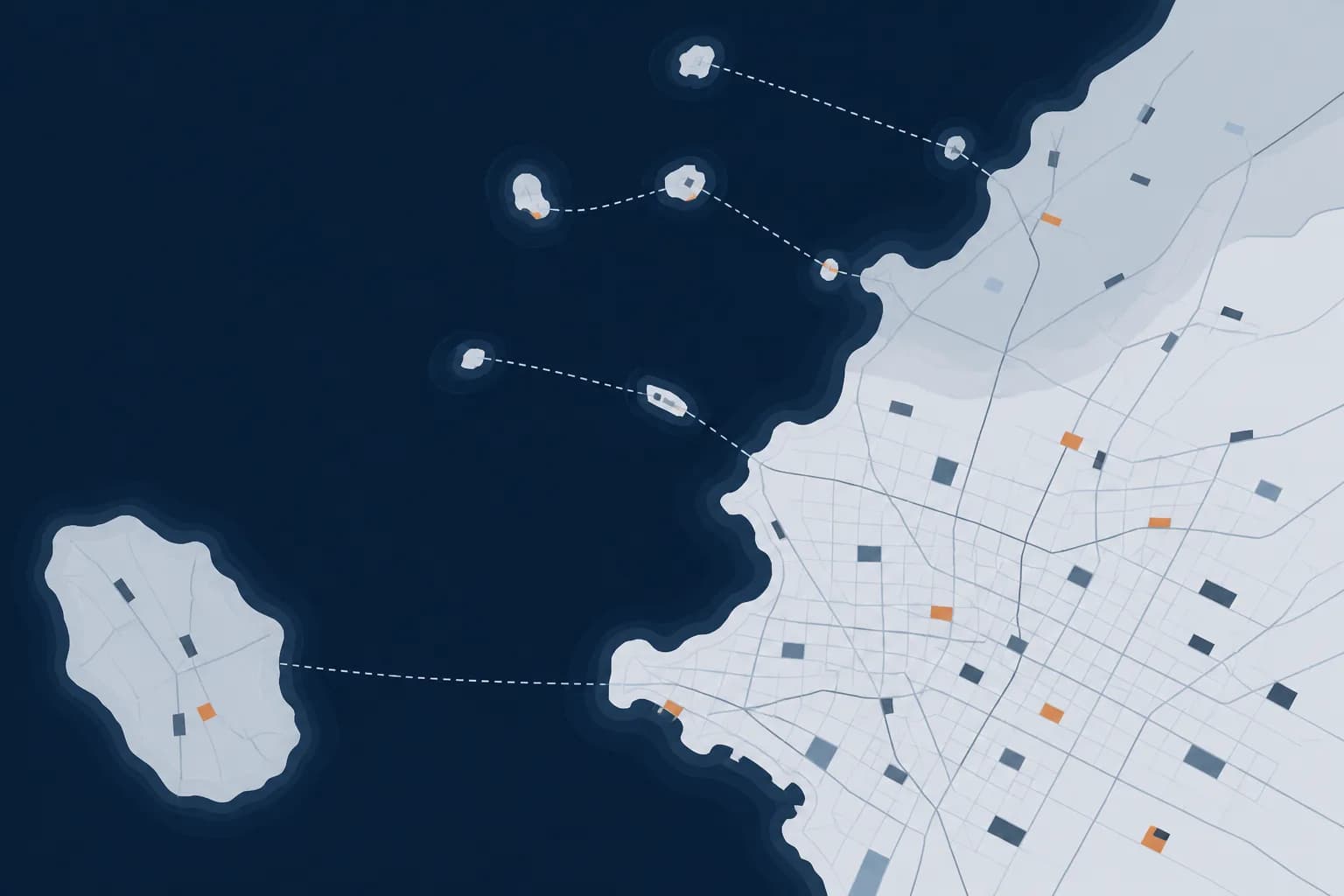 Abstract illustration of a mainland grid with dense route lines thinning towards scattered island shapes and a separate landmass across a stretch of water.