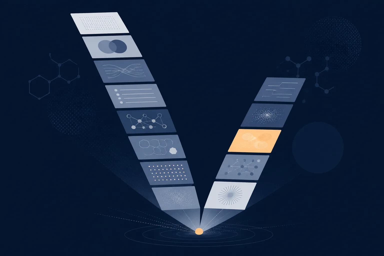 Abstract illustration of two parallel columns of stacked panels diverging from a single origin, representing one substance in two regulatory categories.