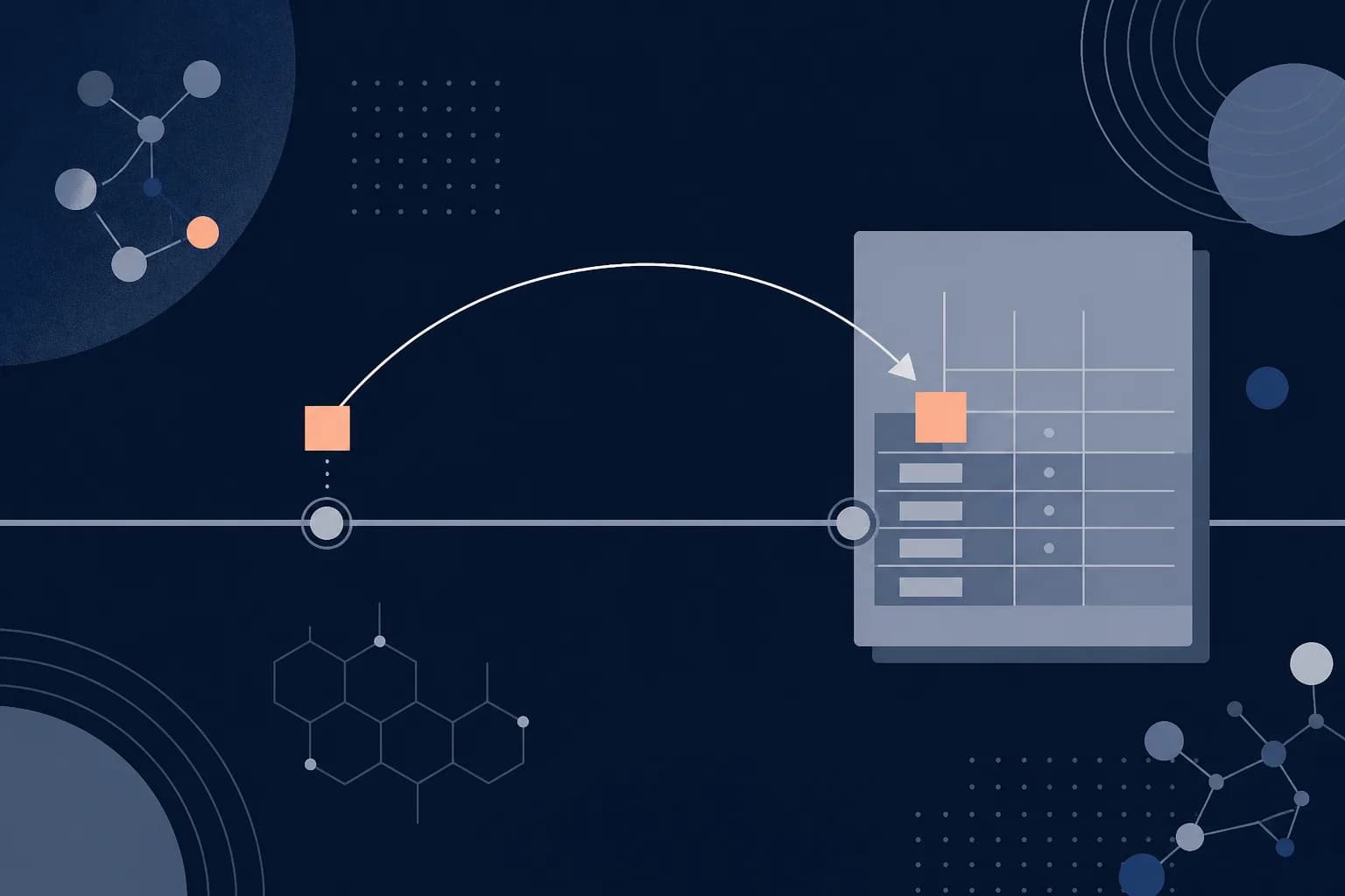Abstract illustration of a value moving along a timeline and being deferred from an early node to a later ledger panel.