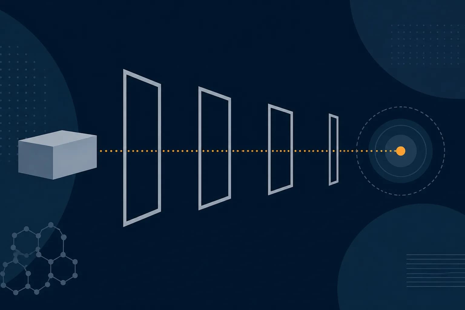 Abstract illustration of a parcel outline passing through four vertical gates of decreasing width, representing sequential customs checks.