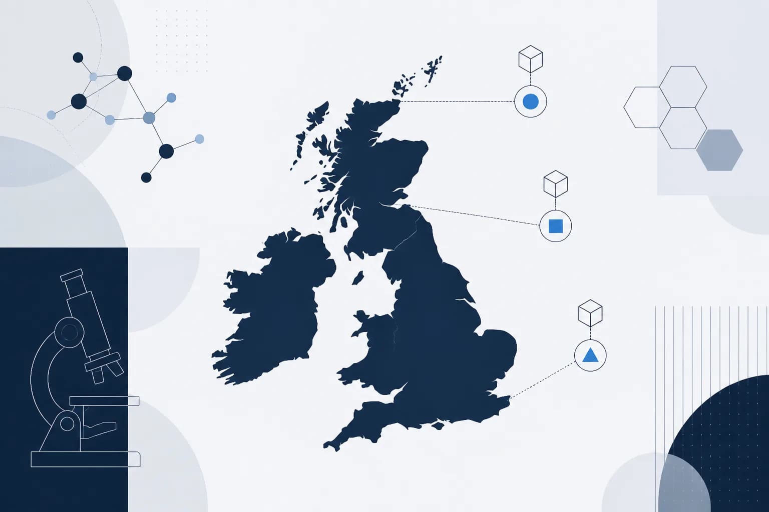 Abstract map-style illustration of the British Isles outline with three small islands marked by different shapes, each with a small parcel icon.