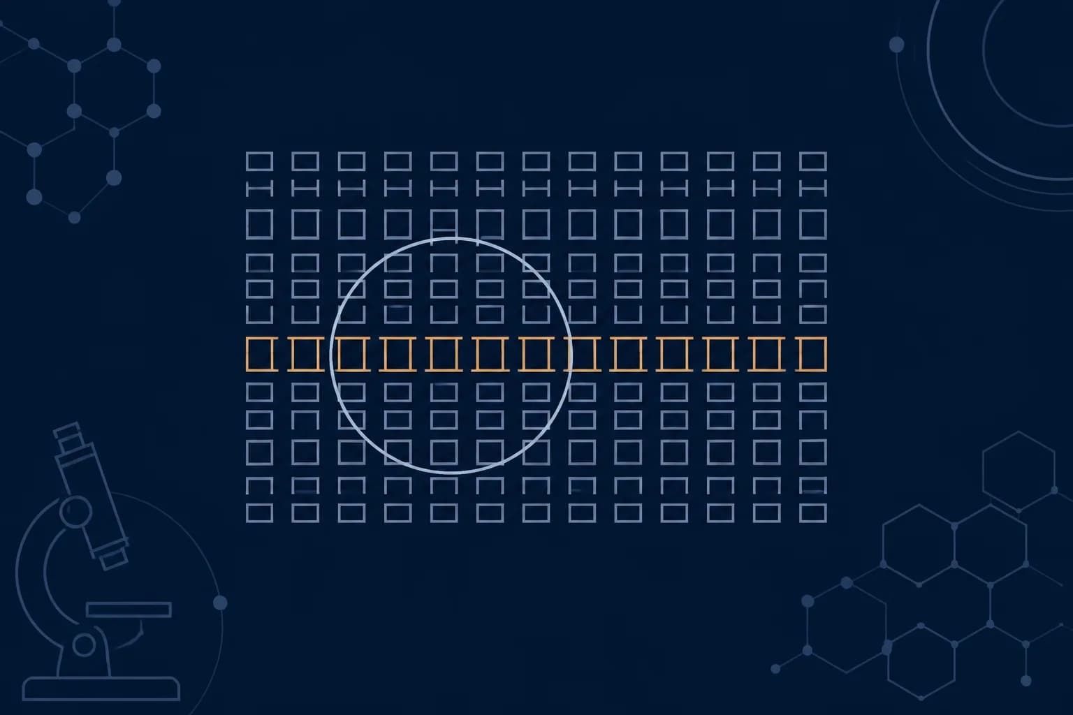 Abstract illustration of a magnifying lens resting over one row of a grid of identical tiles, with the tiles under the lens outlined in a warm accent.