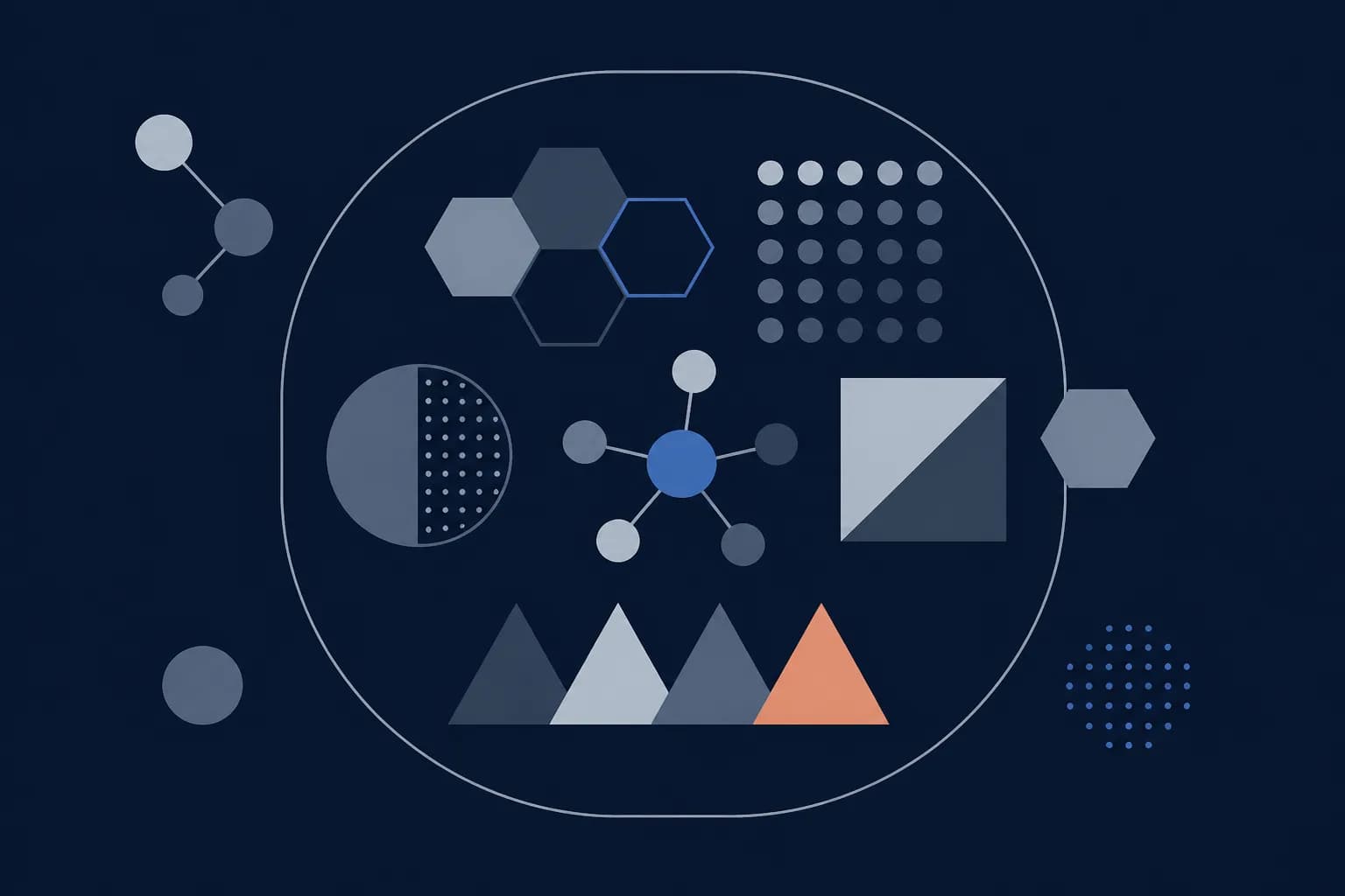 Abstract illustration of a bounded region containing several shapes, with other shapes outside its edge.