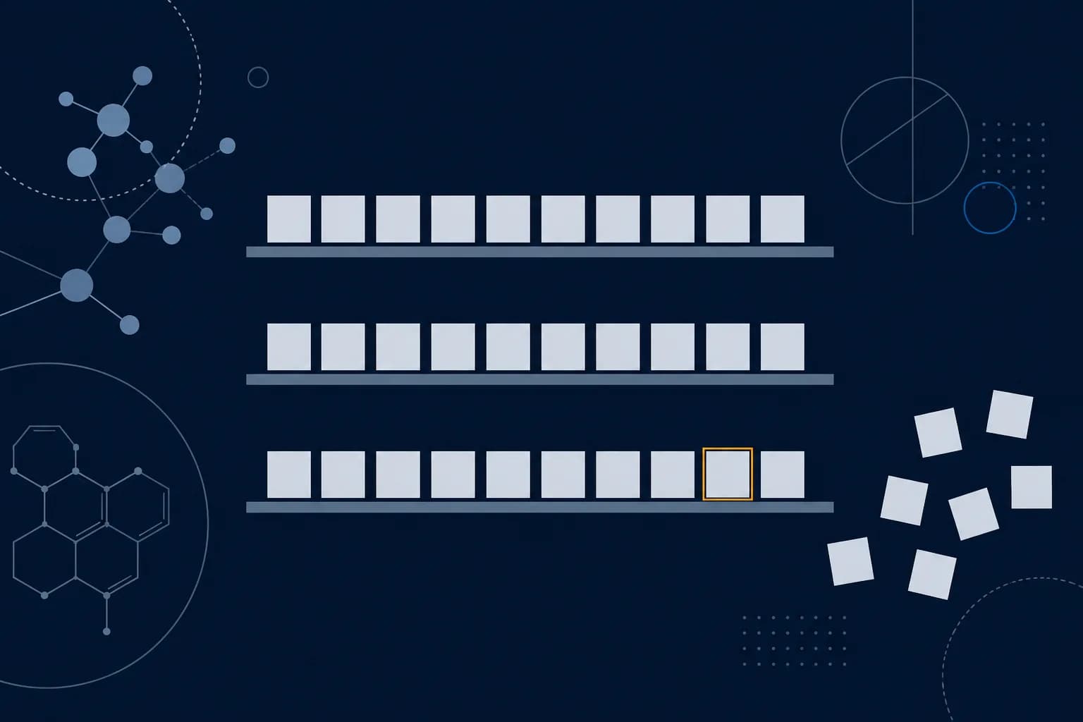 Abstract illustration of three stacked horizontal shelves of small tiles, with one tile on the lowest shelf outlined in a warm accent.