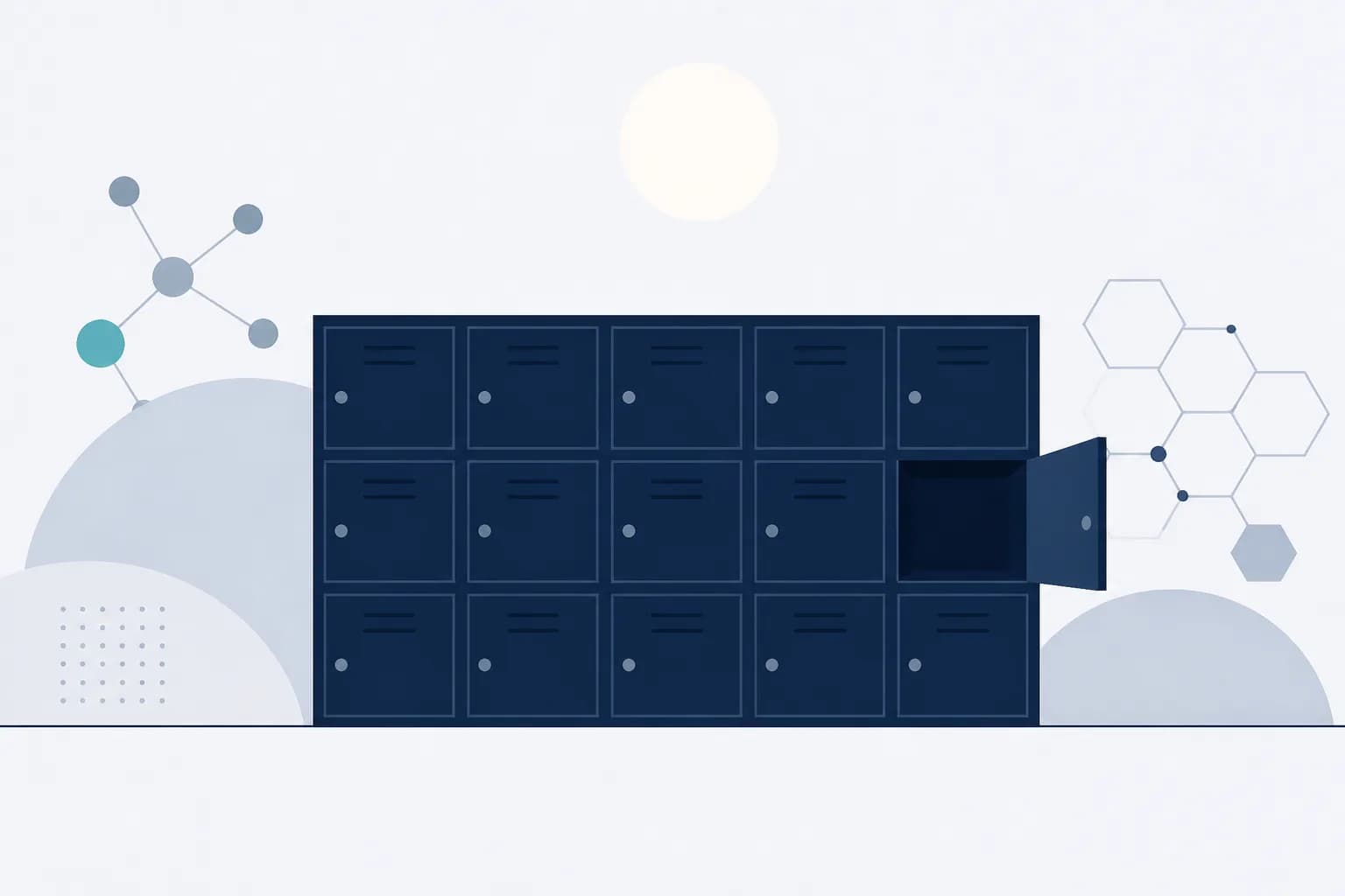 Abstract illustration of a bank of parcel lockers as a grid of small doors, one open and empty, under a simple sun disc.
