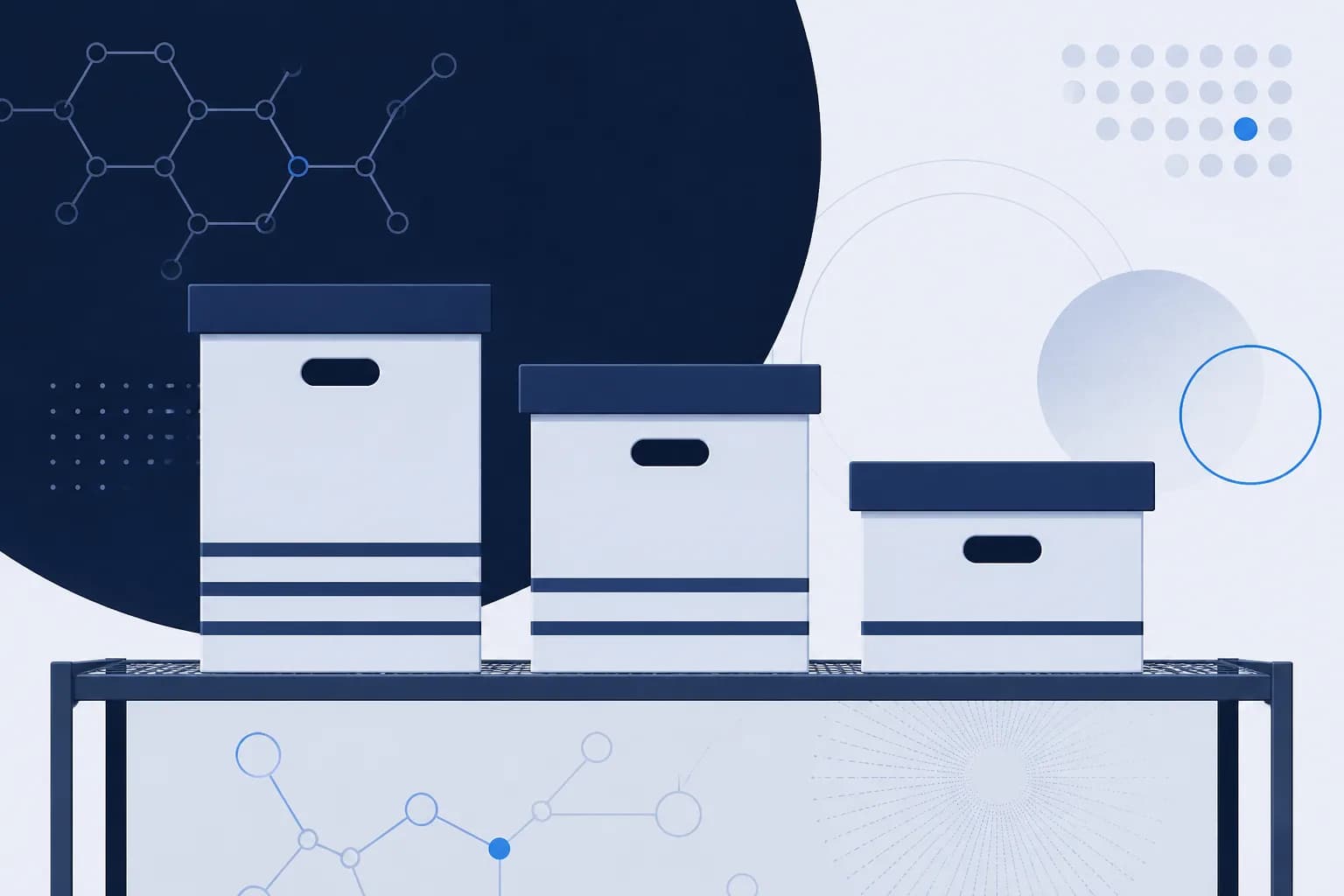 Abstract illustration of three archive boxes on a shelf, each with a different number of marked bands, suggesting three different retention periods.