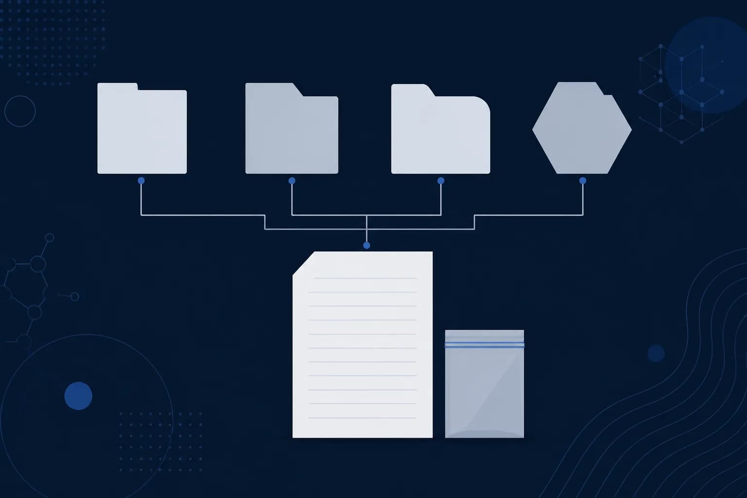 Abstract illustration of four labelled-by-shape folders arranged in a row, each connected by a thin line to a single central ruled sheet.