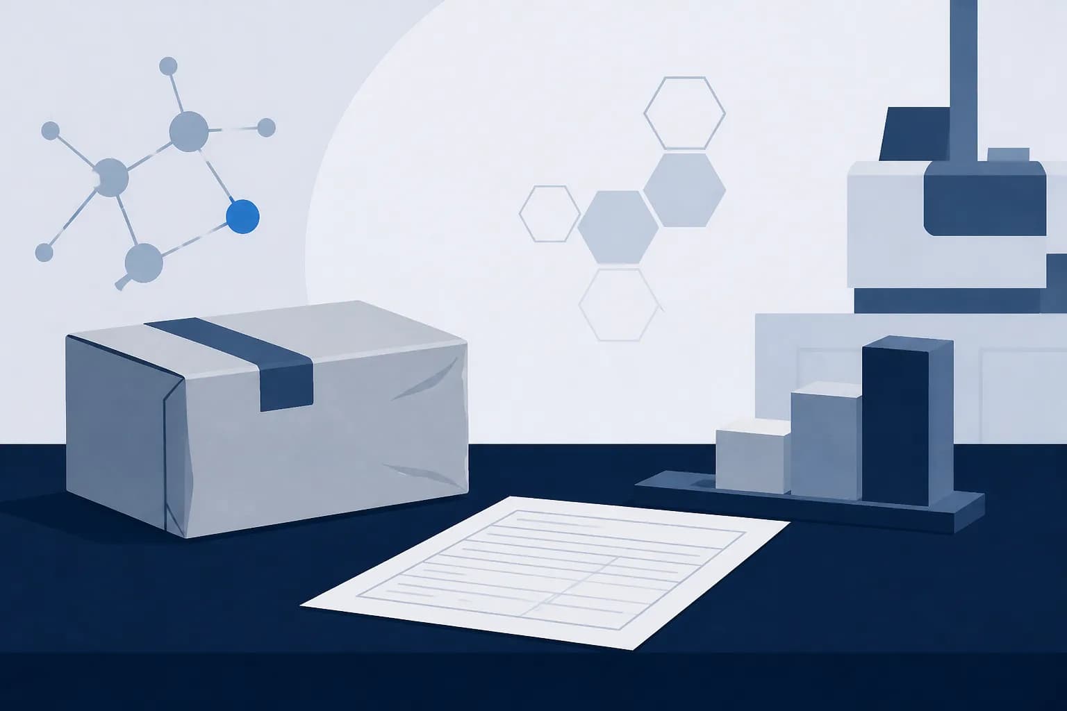 Abstract illustration of a dented parcel shape beside a blank form outline and a small ledger of stepped boxes.
