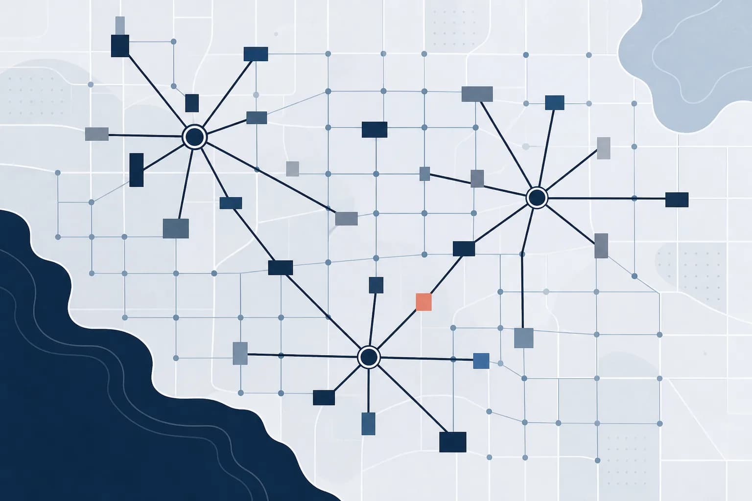 Abstract illustration of two parallel route networks crossing a map-like grid, one drawn as an even mesh and one as a set of hub-and-spoke lines.