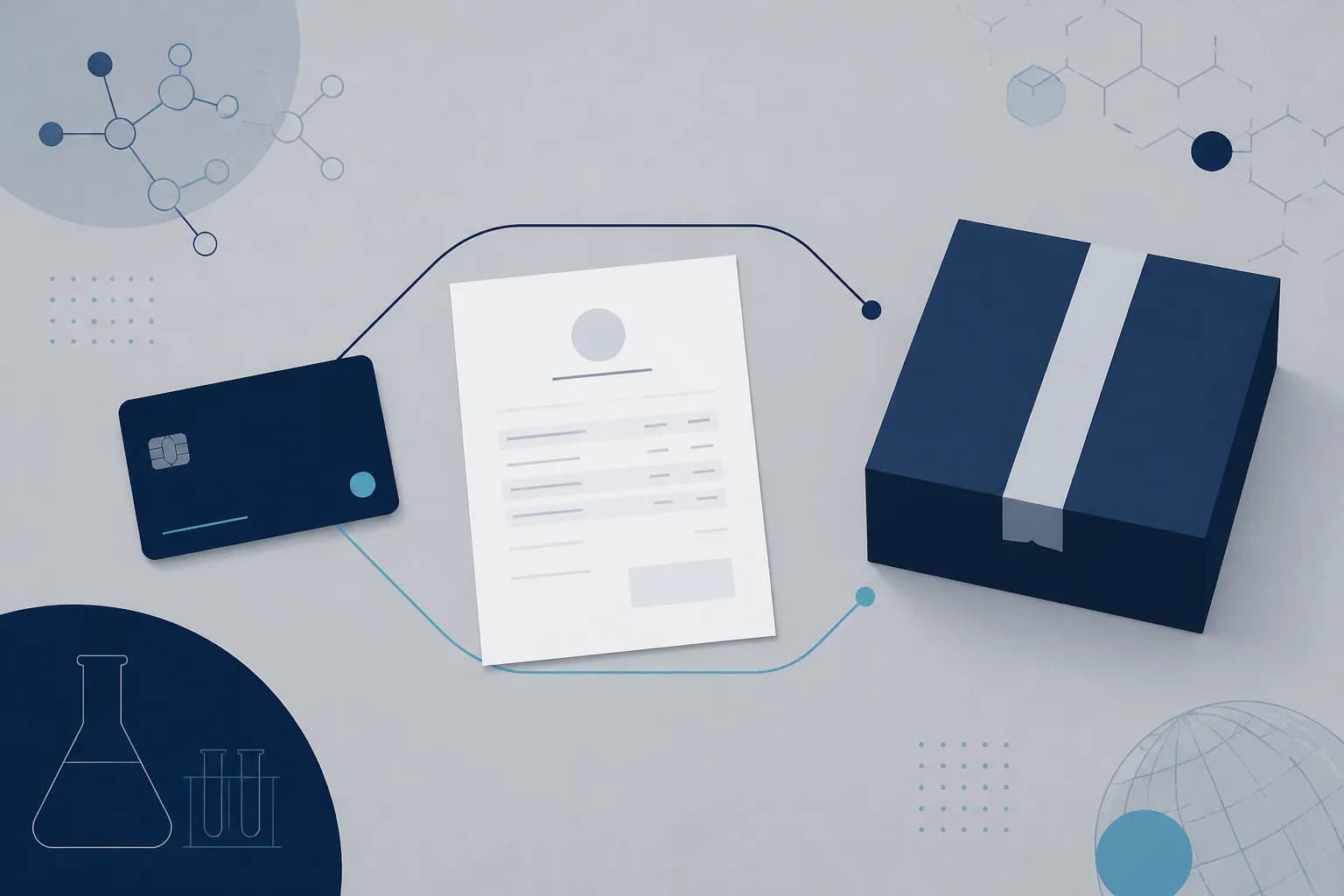 Abstract illustration of a payment card and a printed order confirmation resting beside a sealed parcel, drawn as flat shapes in navy and paper tones.