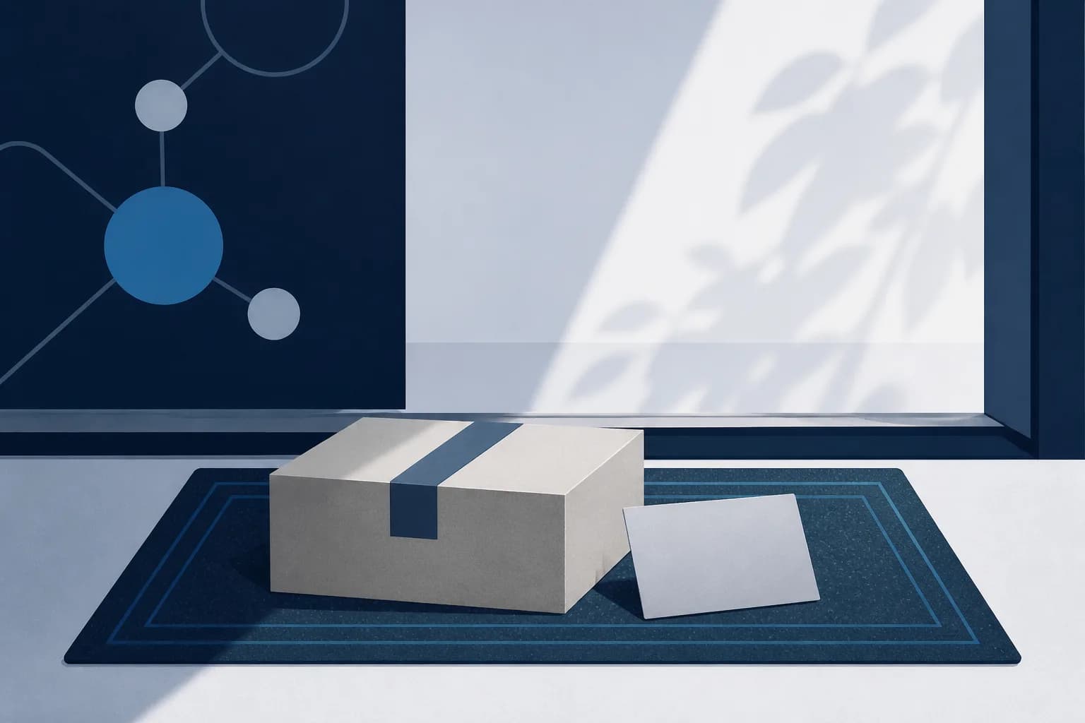 Abstract illustration of a parcel on a doormat beside a plain grey card, split by a horizontal threshold line.