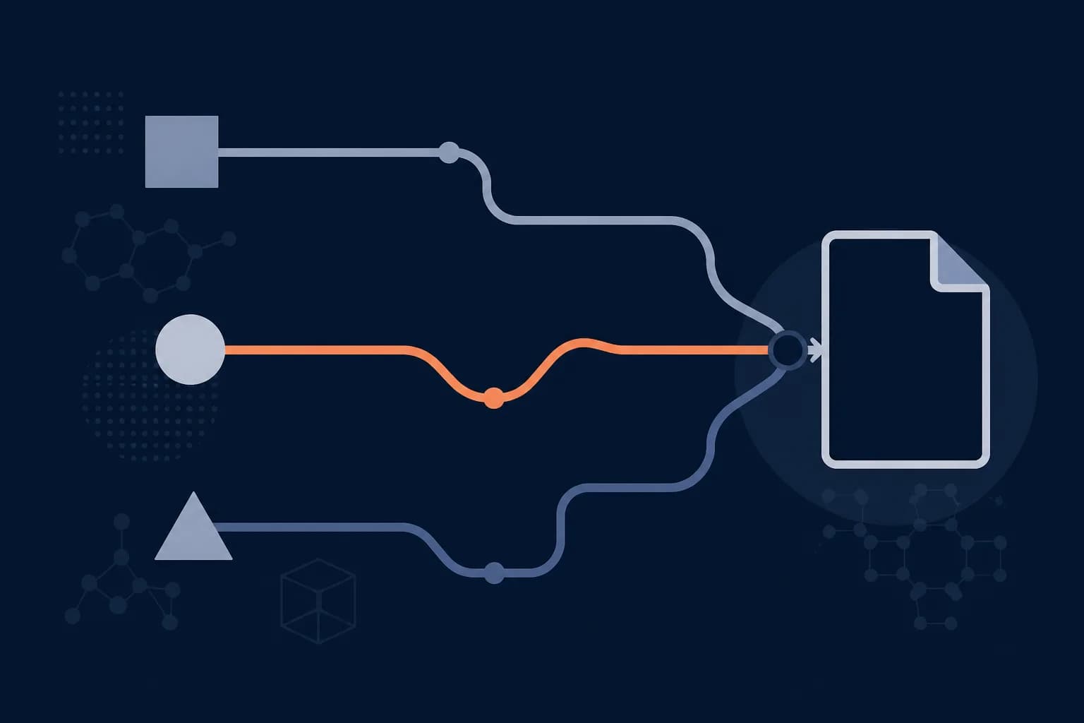 Abstract illustration of three separate paths converging on a single identical document outline, one path drawn in a warm accent.