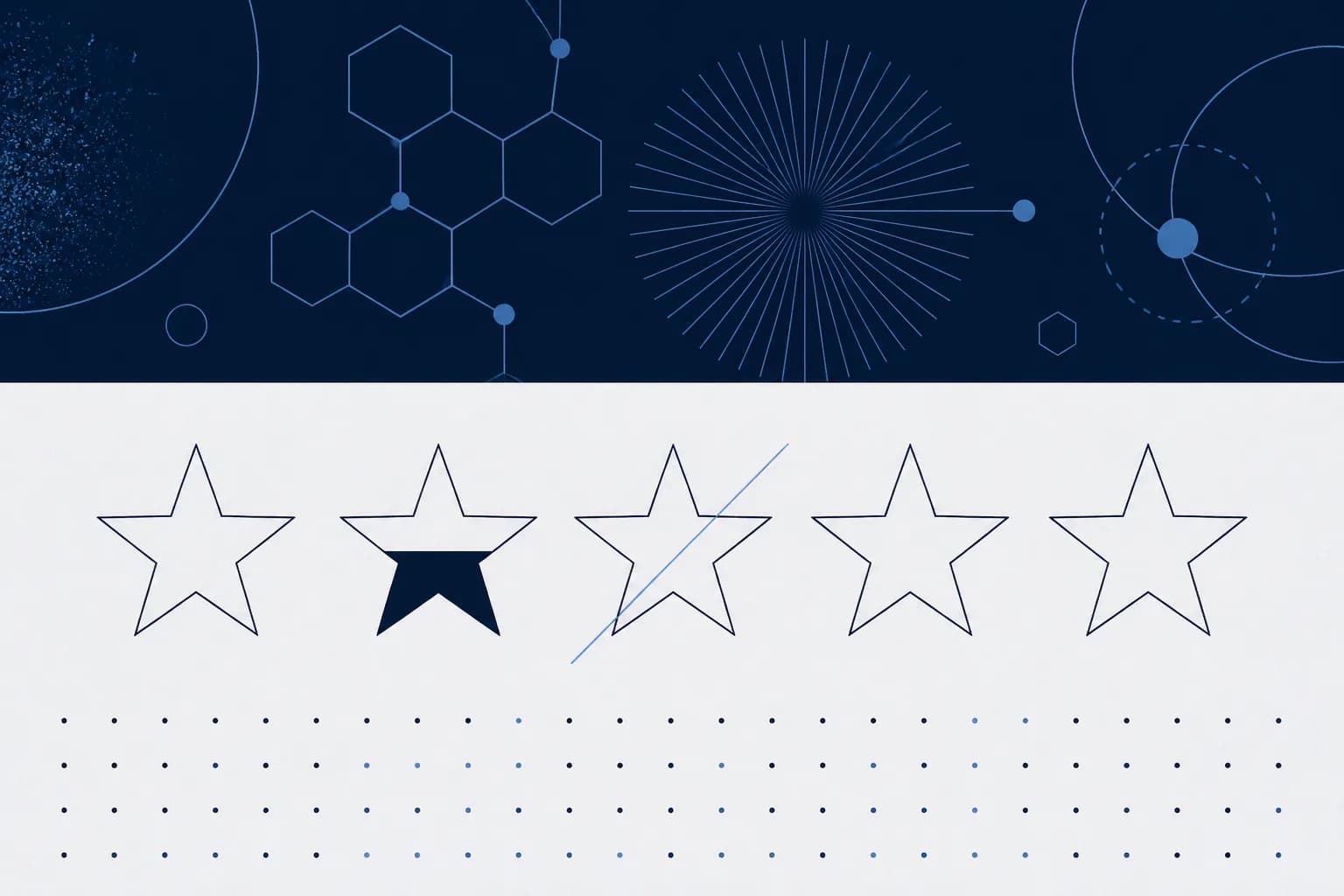 Abstract illustration of a row of five star outlines, with one partly filled and one crossed by a thin line.