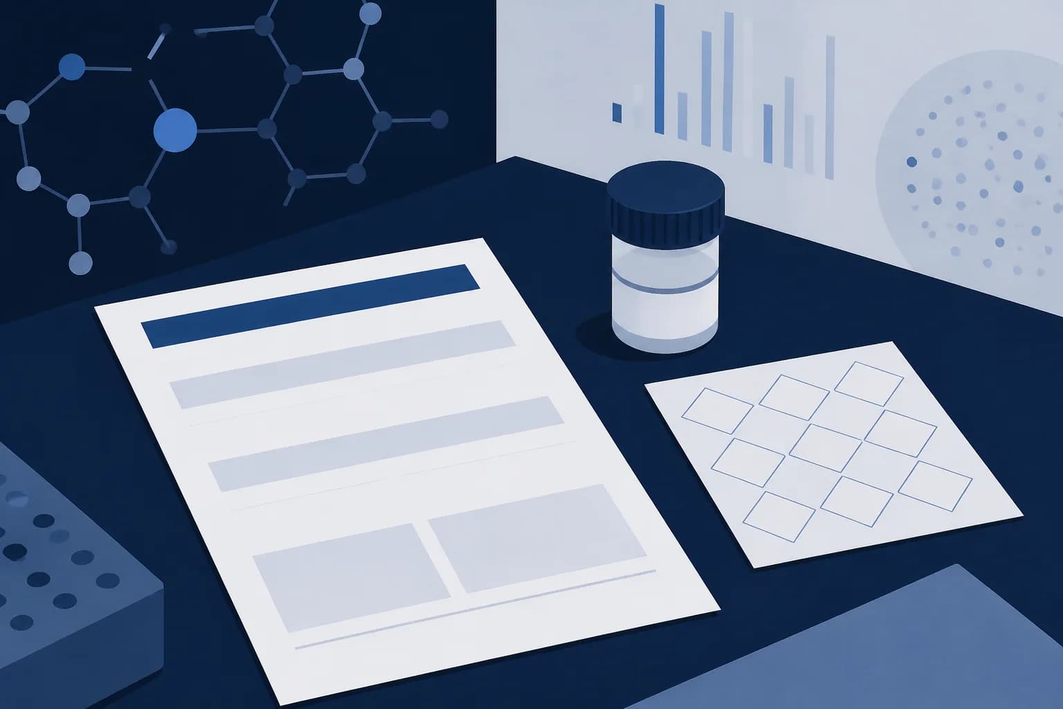Abstract illustration of a printed data sheet beside a small container and a sheet of hazard pictogram outlines on a laboratory bench.