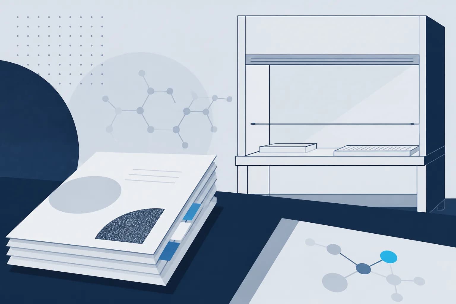 Abstract illustration of a stack of tabbed documents on a desk beside an enclosed glovebox outline.