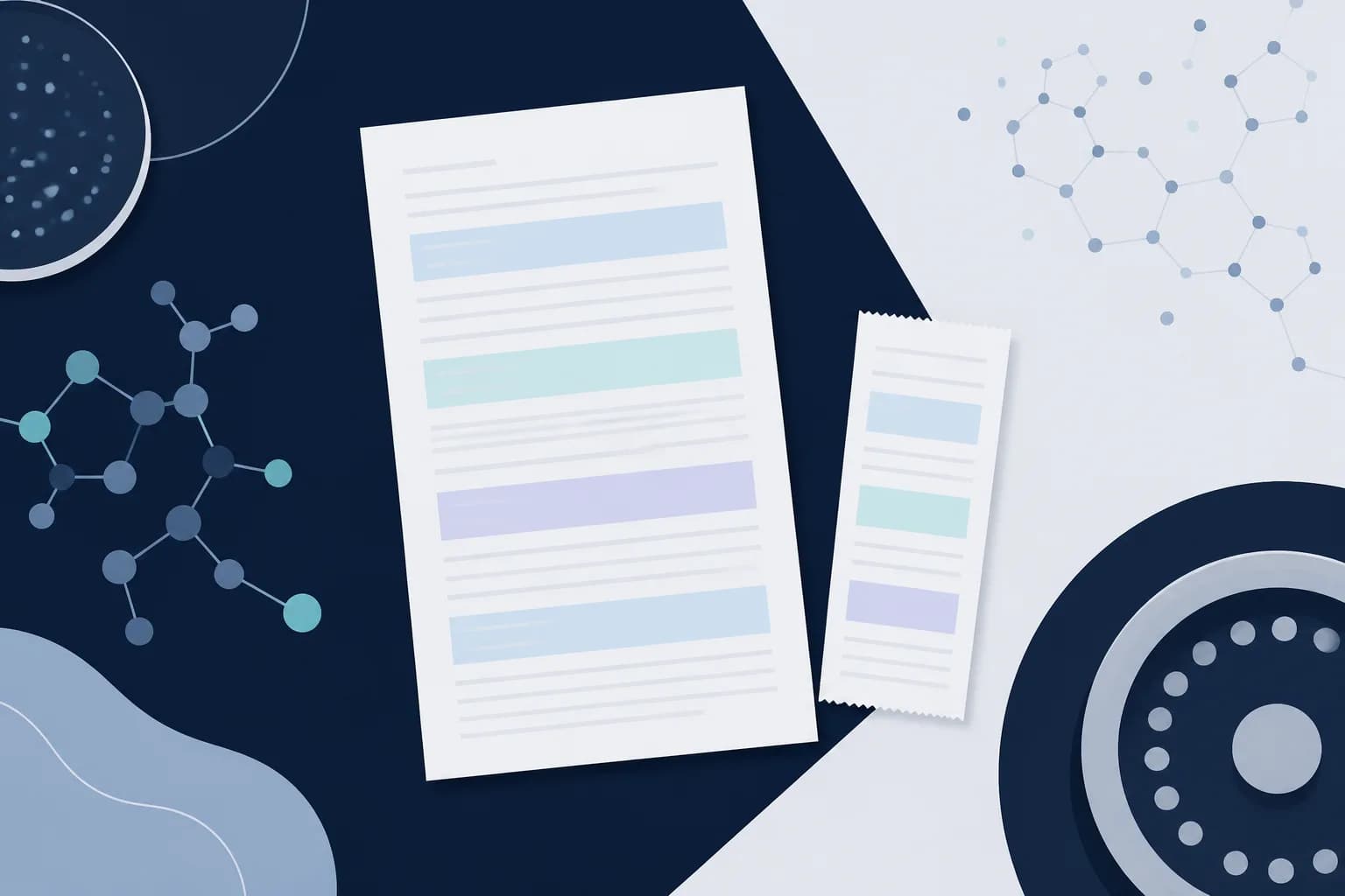 Abstract illustration of a full invoice sheet with highlighted fields beside a much shorter card receipt.