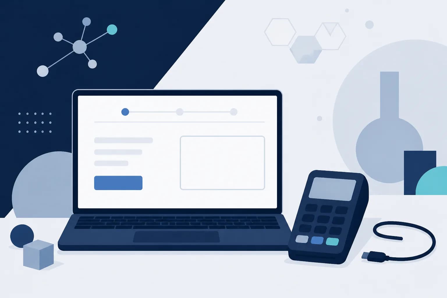 Abstract illustration of a plain checkout page with an empty payment-method panel and an unplugged card terminal beside it, drawn as flat shapes in navy and paper tones.