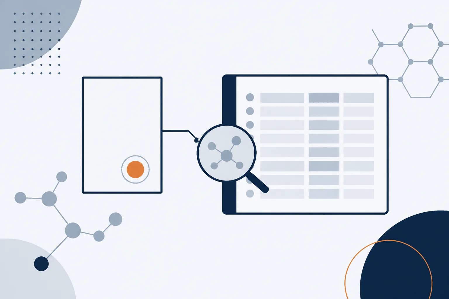 Abstract illustration of a certificate outline bearing a small seal, with a magnifier tracing a line to a separate register document.