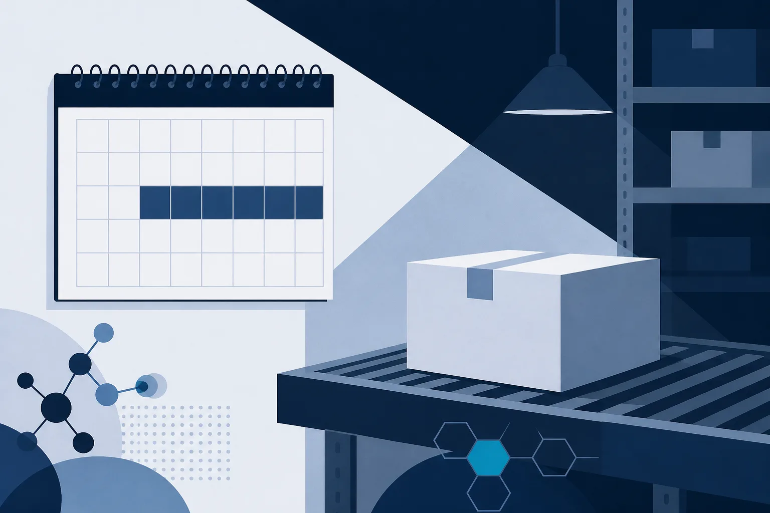 Abstract illustration of a calendar grid with a long weekend block shaded and a single parcel-shaped box waiting on a shelf beside it.