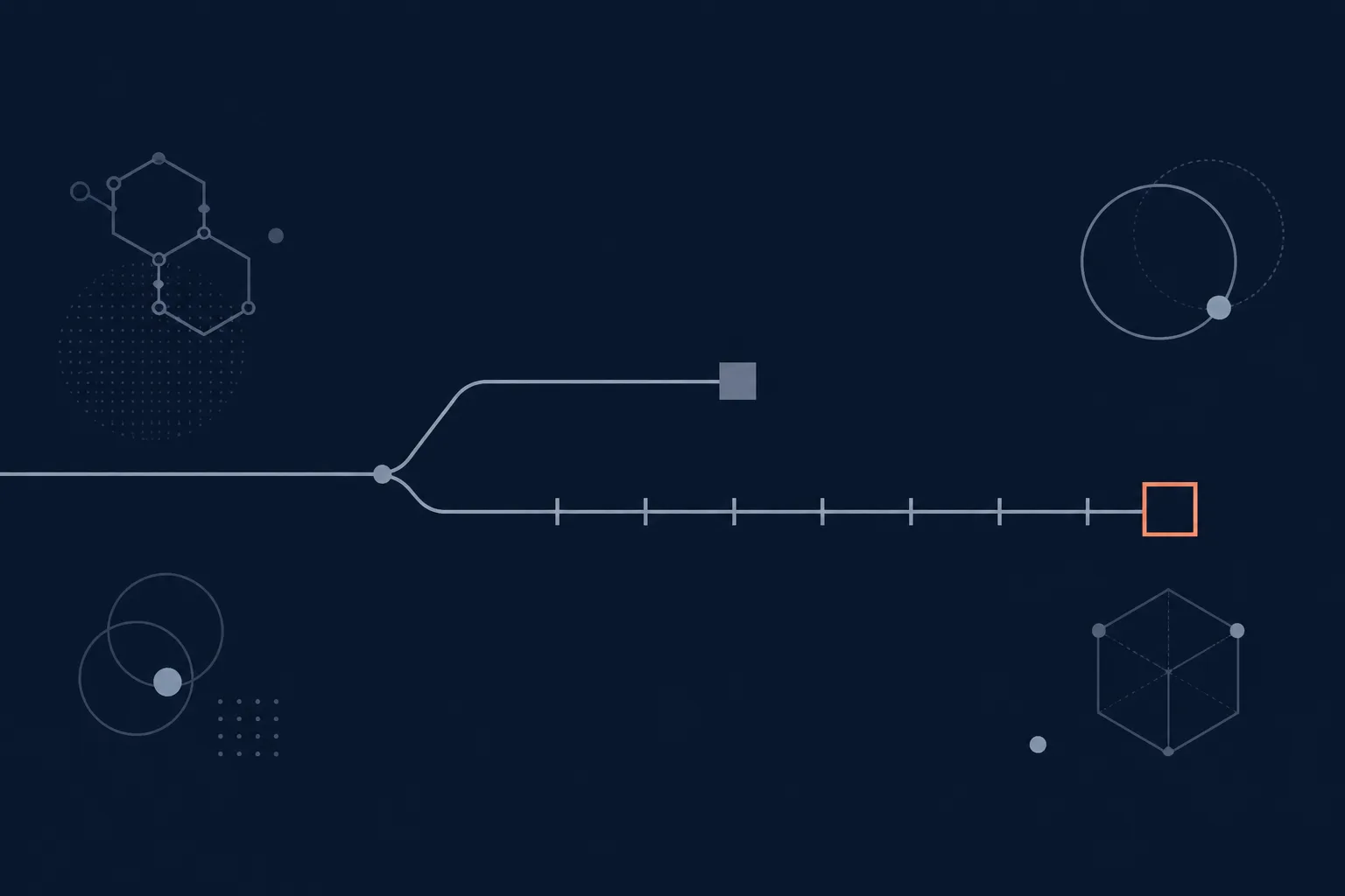Abstract illustration of a single path that splits into two parallel tracks of unequal length, each ending at a small closed gate.