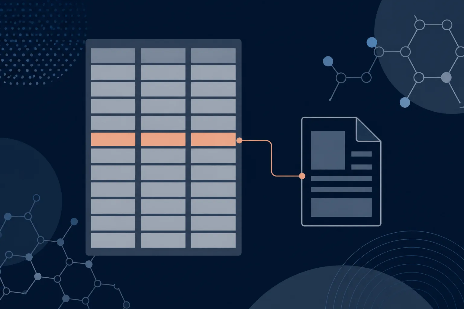 Abstract illustration of a three-column ledger with one row highlighted and a thin line tracing across to a separate small report outline.