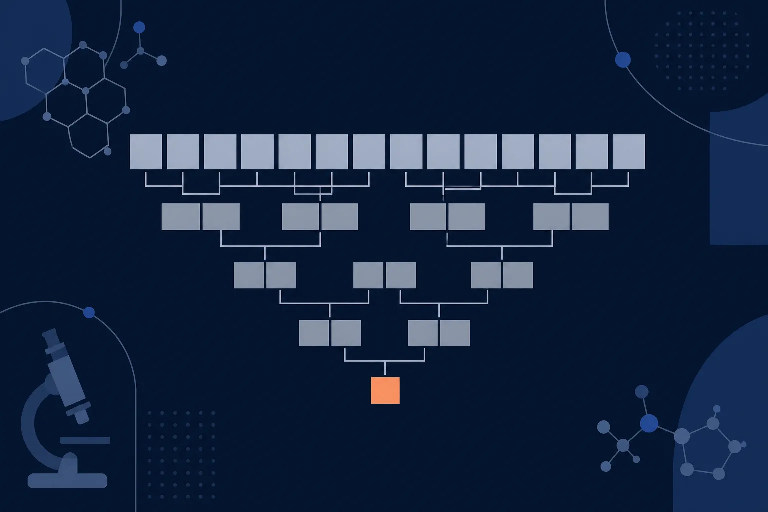 Abstract illustration of a branching classification tree narrowing from a wide top row to a single highlighted cell at the base.