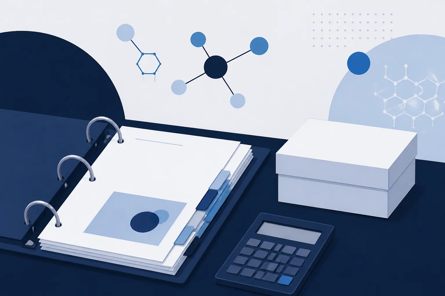 Abstract illustration of an open ring binder with filed invoice sheets beside a calculator and a sealed box.