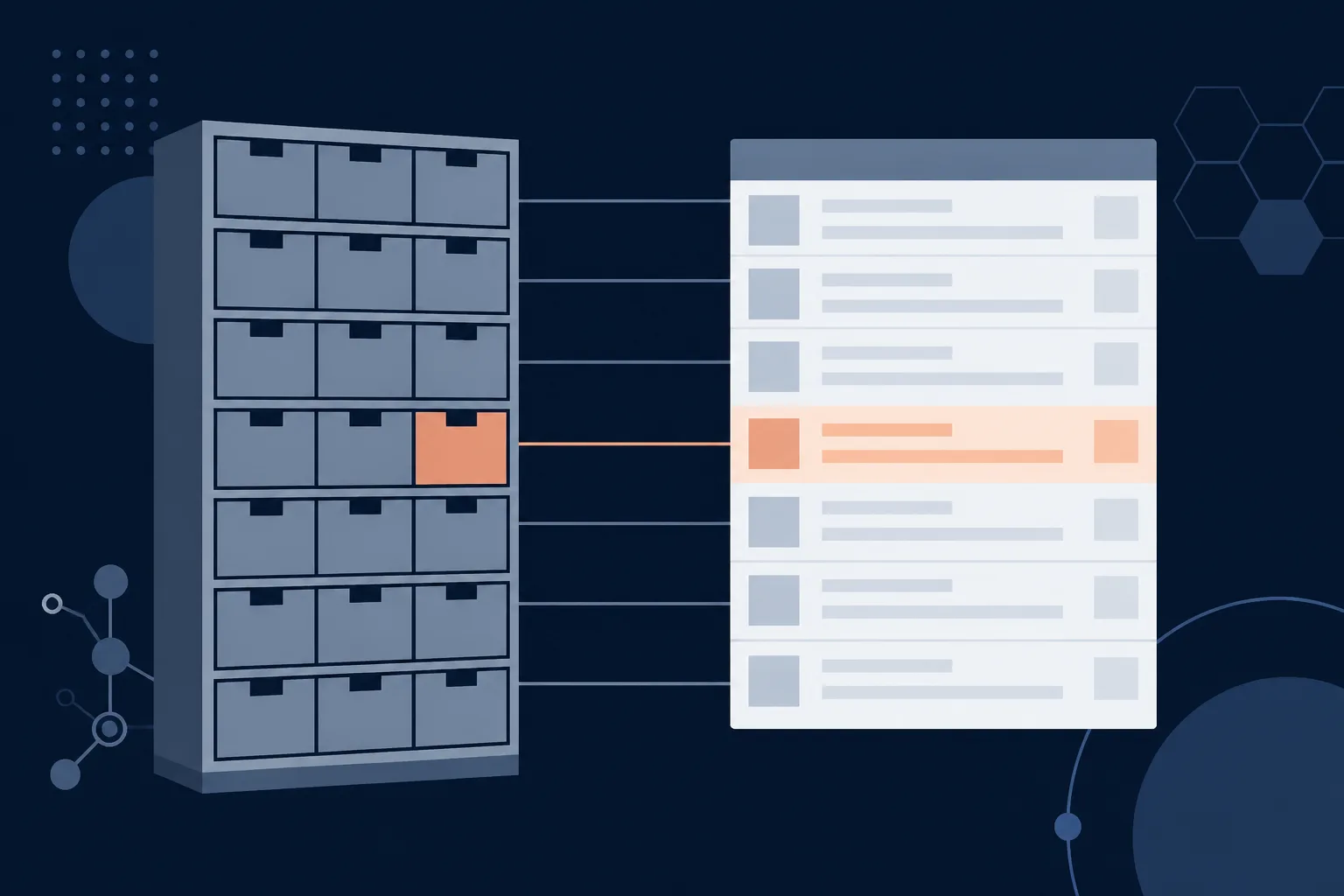 Abstract illustration of a shelved cabinet grid with each compartment linked by a thin line to a matching row in an adjacent ledger panel.