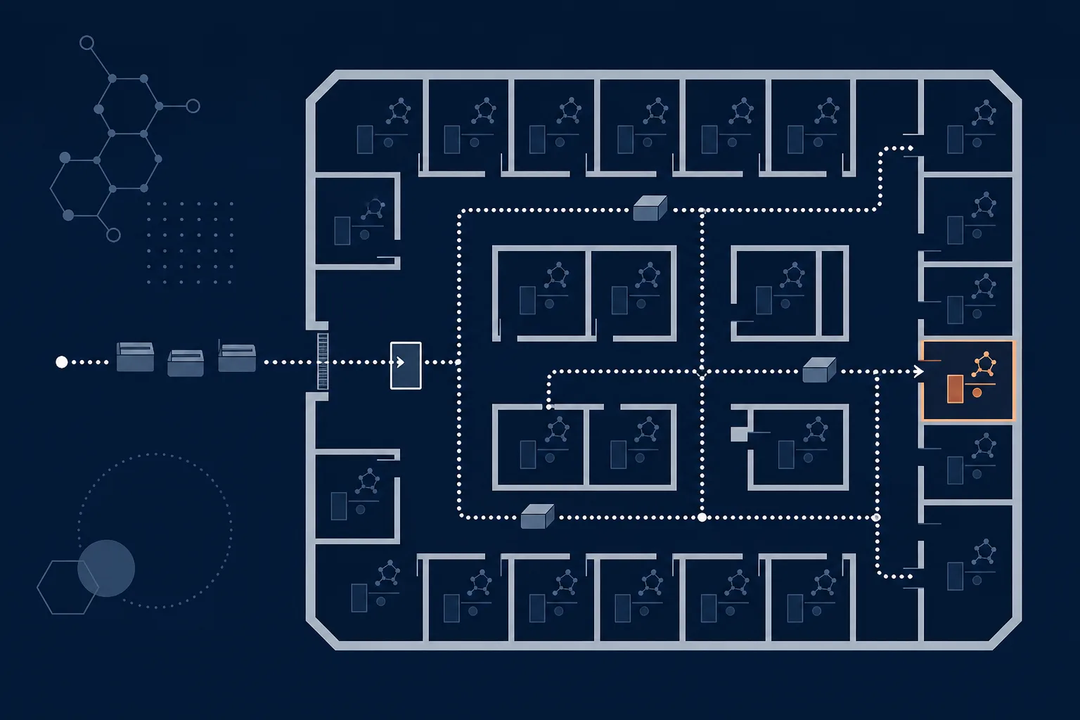 Abstract illustration of a parcel path entering a large building outline at a single door, then branching through corridors to many small rooms.
