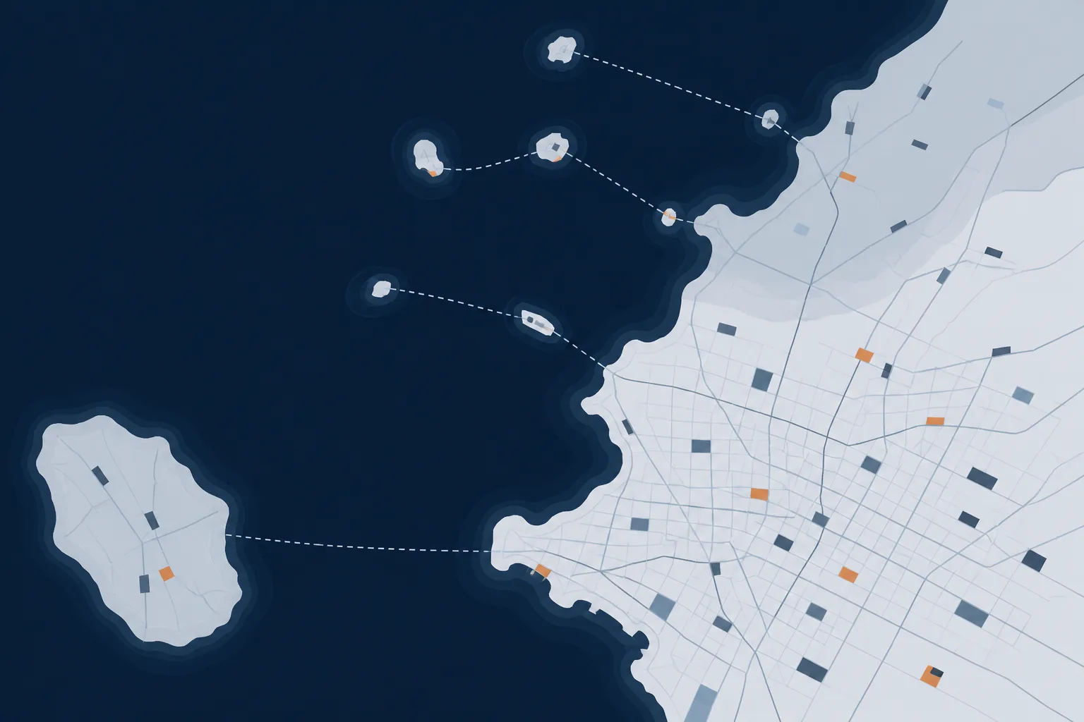 Abstract illustration of a mainland grid with dense route lines thinning towards scattered island shapes and a separate landmass across a stretch of water.