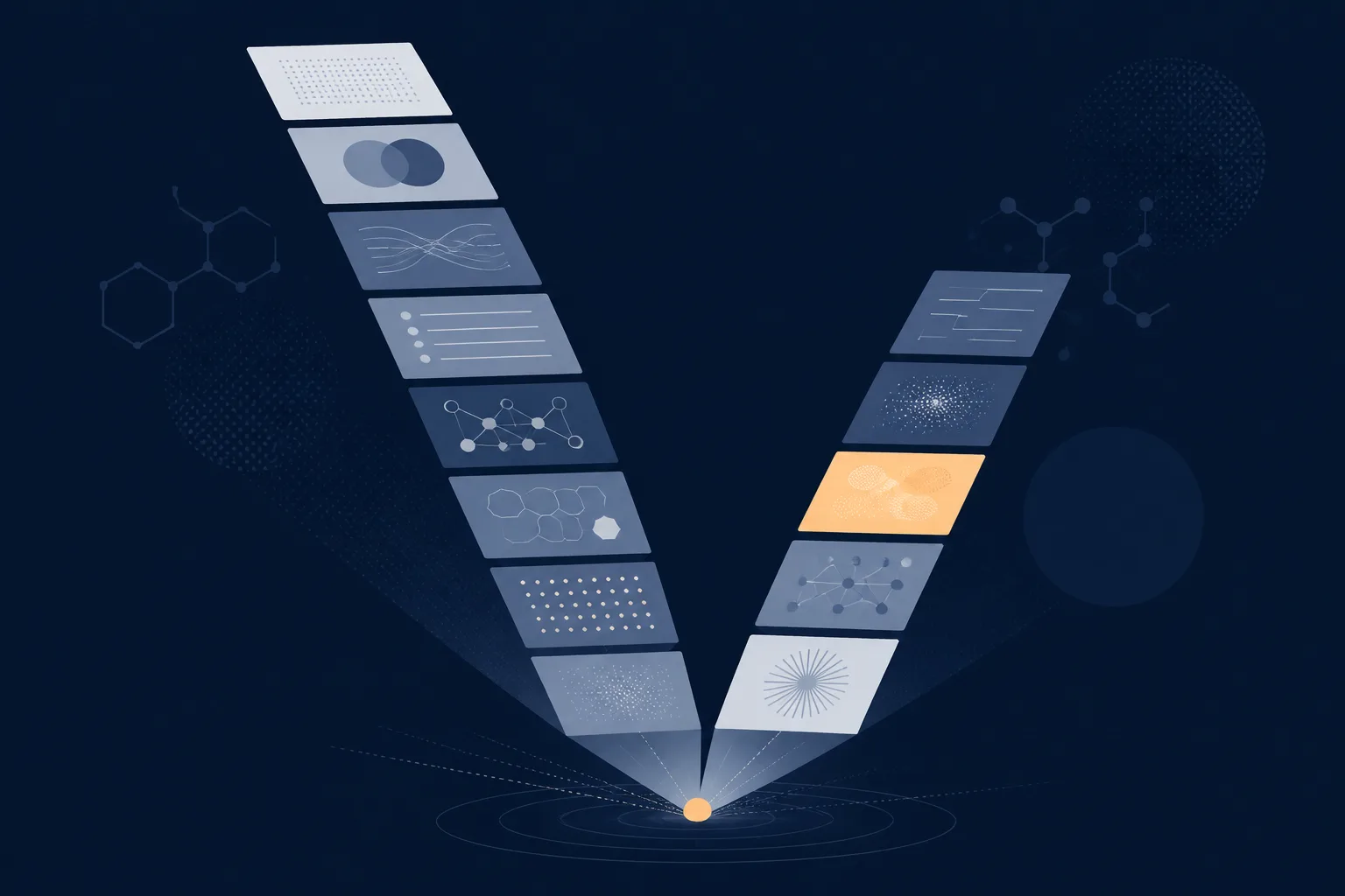 Abstract illustration of two parallel columns of stacked panels diverging from a single origin, representing one substance in two regulatory categories.