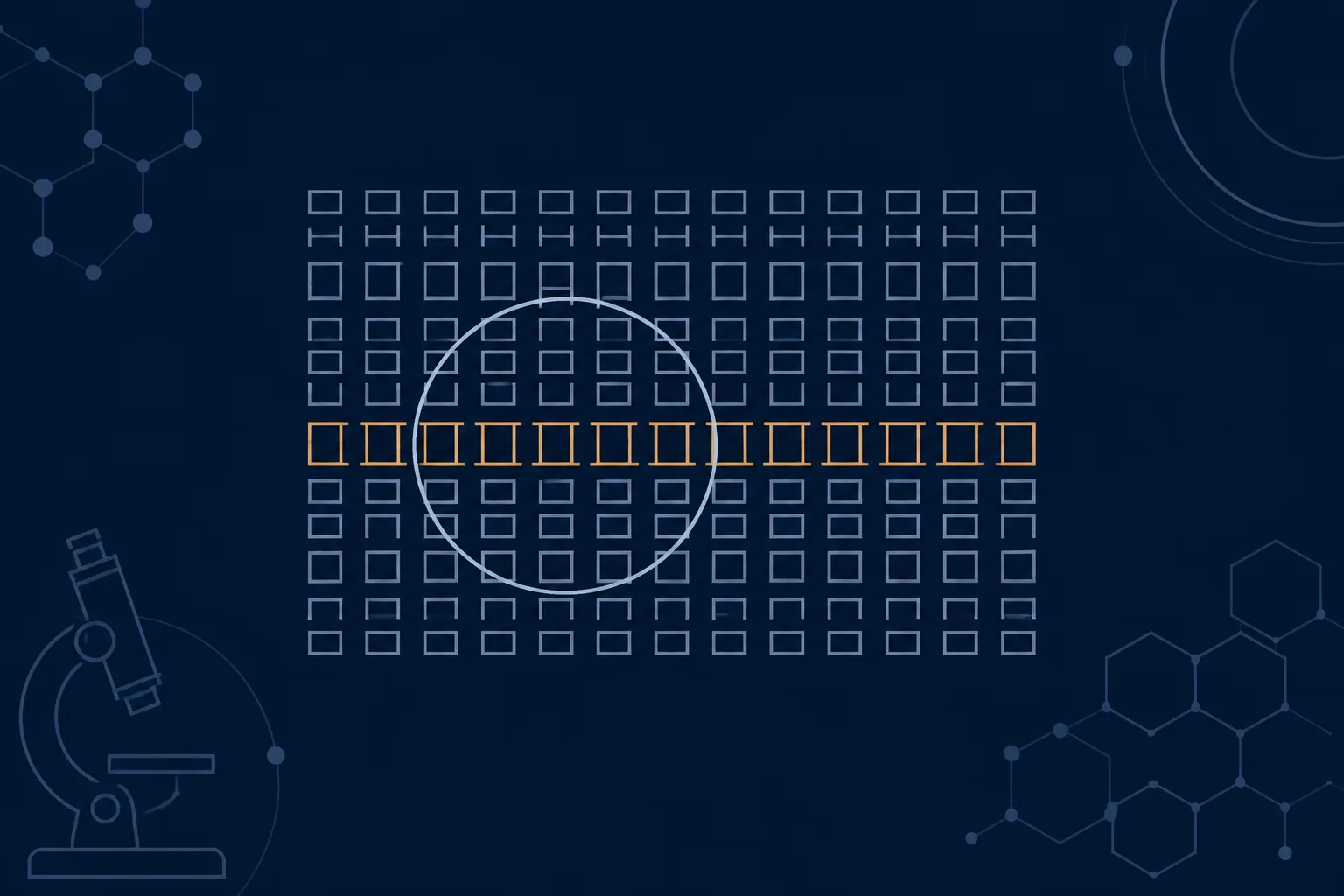 Abstract illustration of a magnifying lens resting over one row of a grid of identical tiles, with the tiles under the lens outlined in a warm accent.