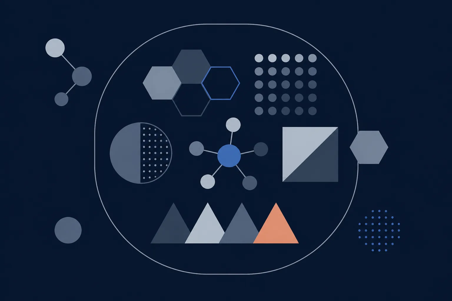 Abstract illustration of a bounded region containing several shapes, with other shapes outside its edge.
