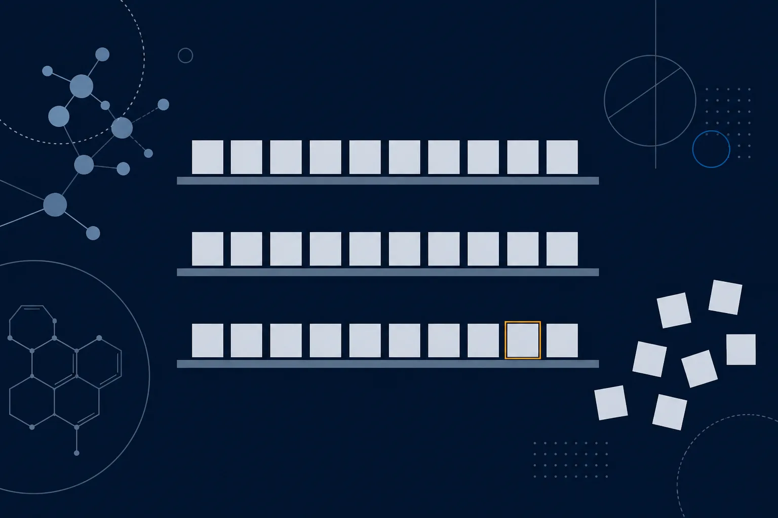 Abstract illustration of three stacked horizontal shelves of small tiles, with one tile on the lowest shelf outlined in a warm accent.