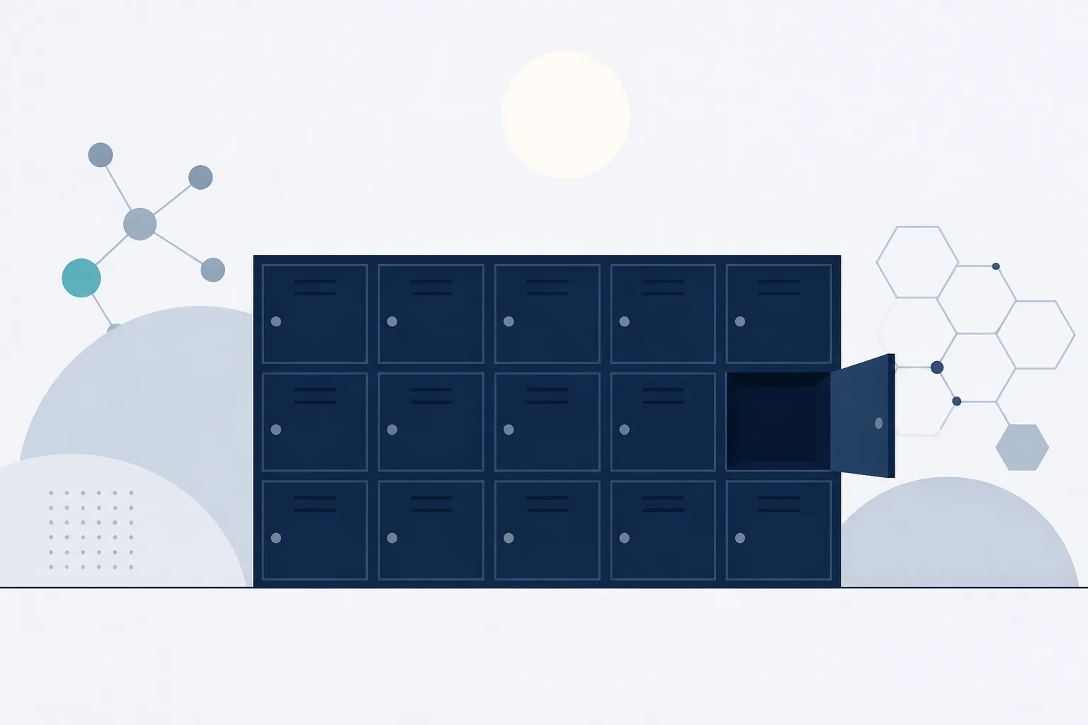 Abstract illustration of a bank of parcel lockers as a grid of small doors, one open and empty, under a simple sun disc.