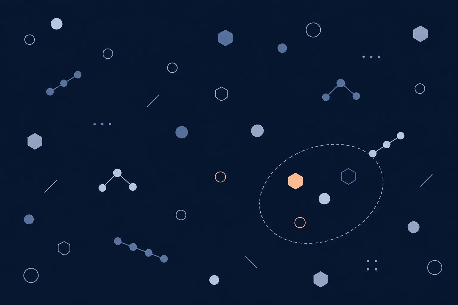 Abstract illustration of a wide field of small geometric shapes with a single dashed oval enclosing only a few of them near one edge.