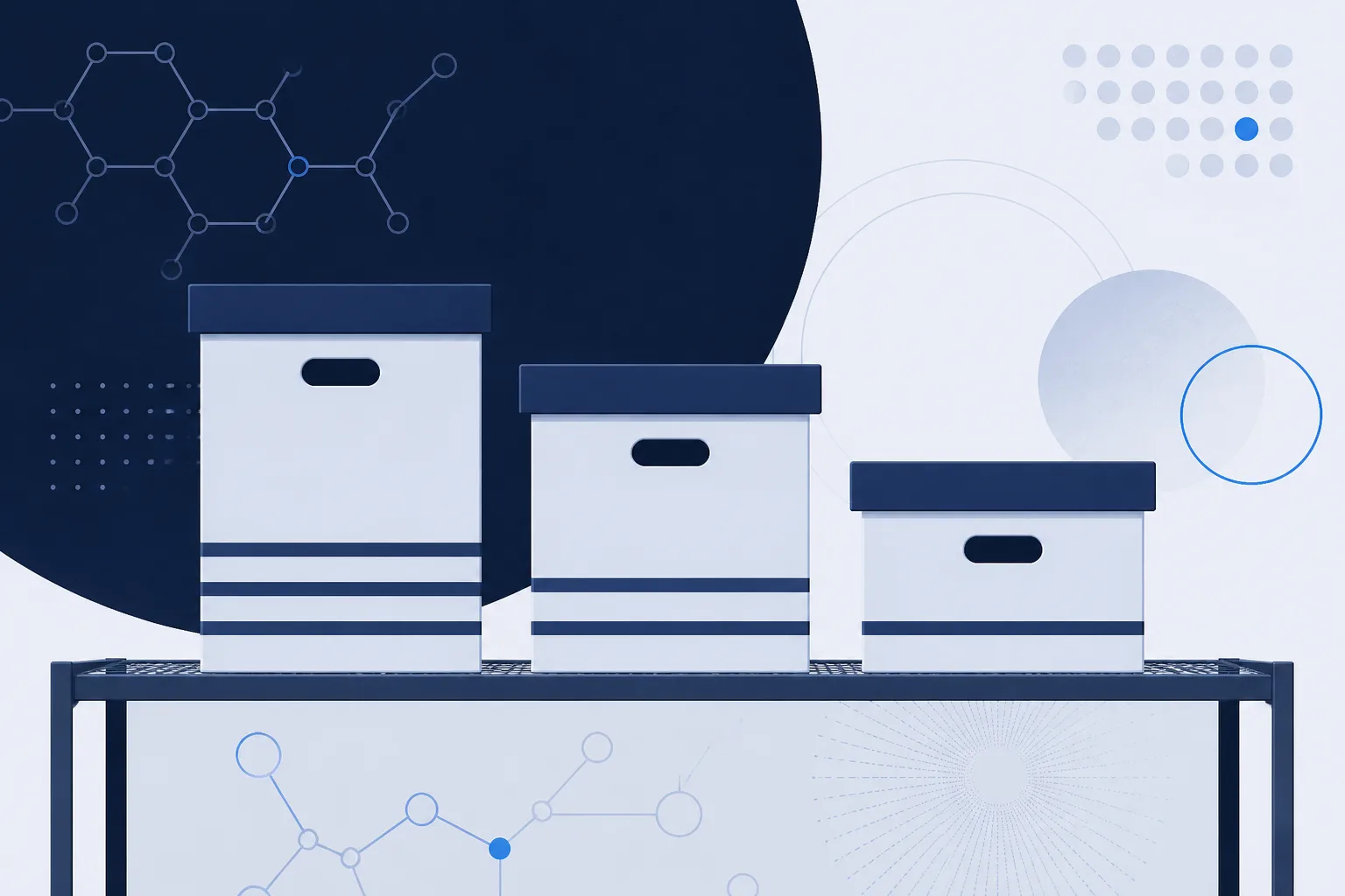 Abstract illustration of three archive boxes on a shelf, each with a different number of marked bands, suggesting three different retention periods.