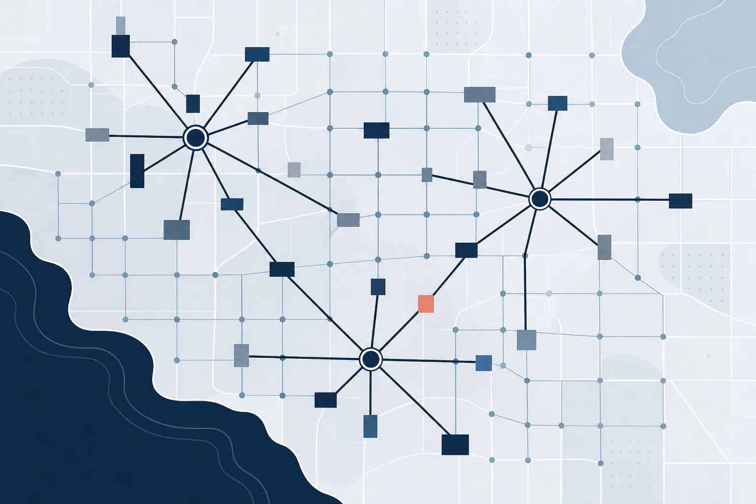 Abstract illustration of two parallel route networks crossing a map-like grid, one drawn as an even mesh and one as a set of hub-and-spoke lines.