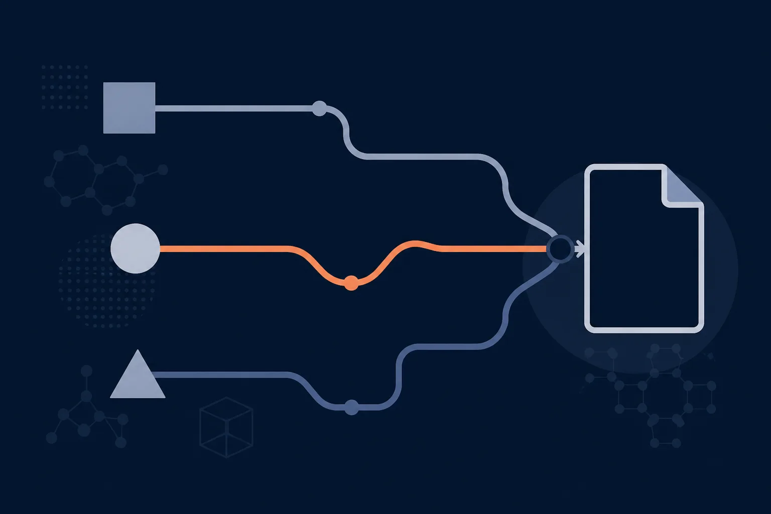 Abstract illustration of three separate paths converging on a single identical document outline, one path drawn in a warm accent.