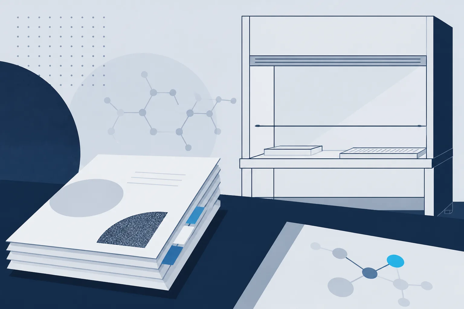 Abstract illustration of a stack of tabbed documents on a desk beside an enclosed glovebox outline.