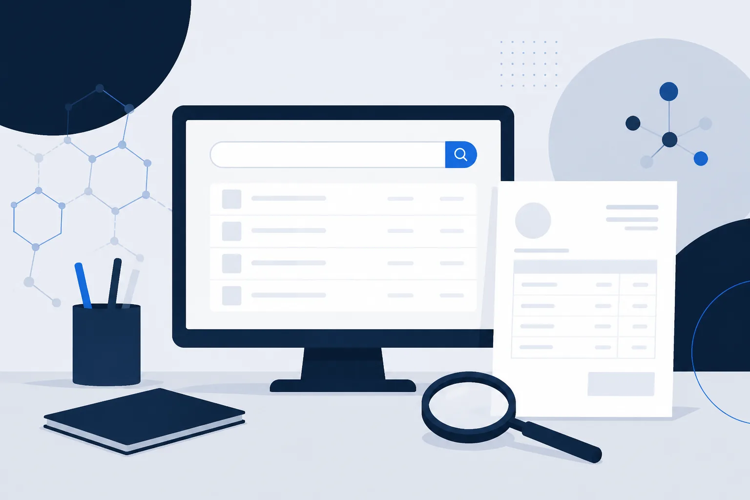 Abstract illustration of a monitor showing a register search page beside a printed invoice and a magnifying glass, drawn as flat shapes in navy and paper tones.