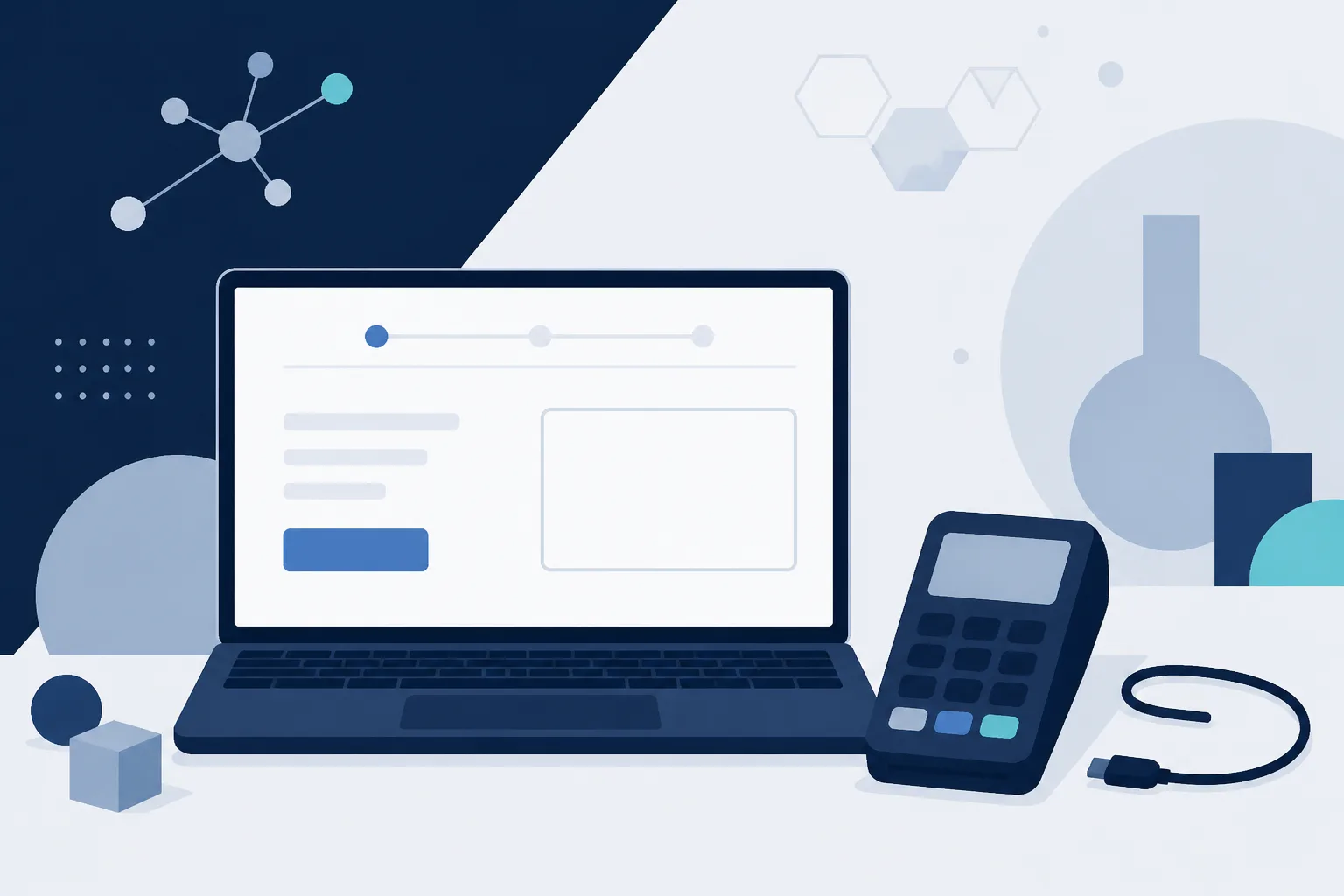 Abstract illustration of a plain checkout page with an empty payment-method panel and an unplugged card terminal beside it, drawn as flat shapes in navy and paper tones.
